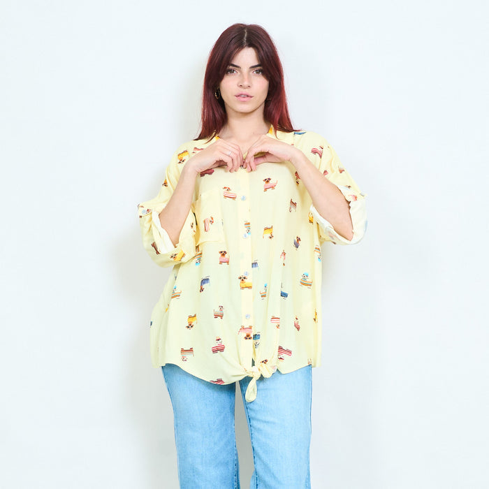 Cartoon dog printed tie front relaxed shirt blouse wholesale