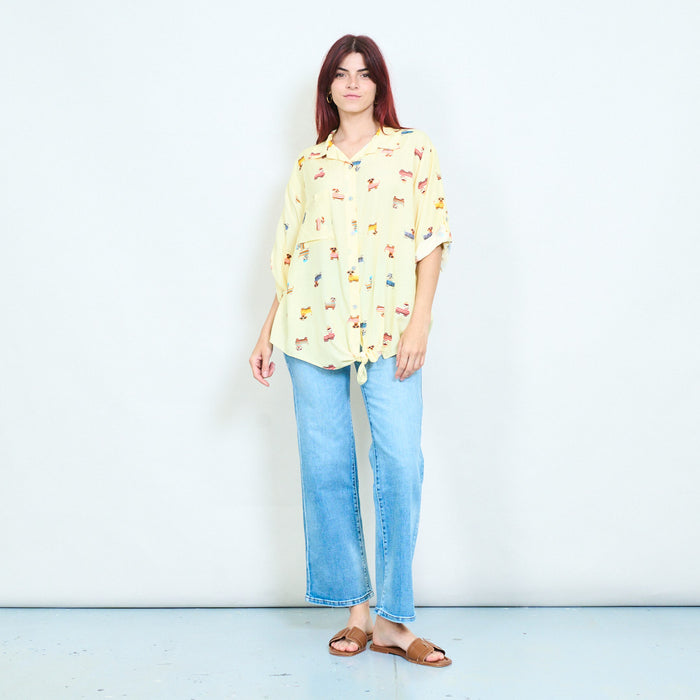 Cartoon dog printed tie front relaxed shirt blouse wholesale