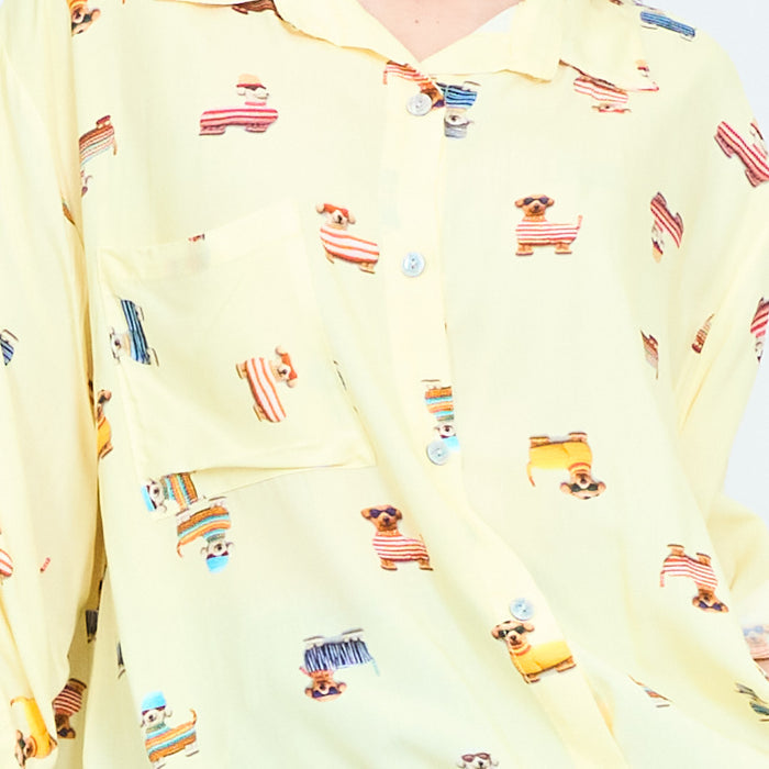 Cartoon dog printed tie front relaxed shirt blouse wholesale