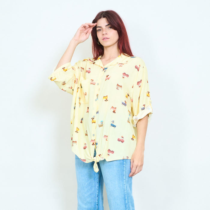 Cartoon dog printed tie front relaxed shirt blouse wholesale