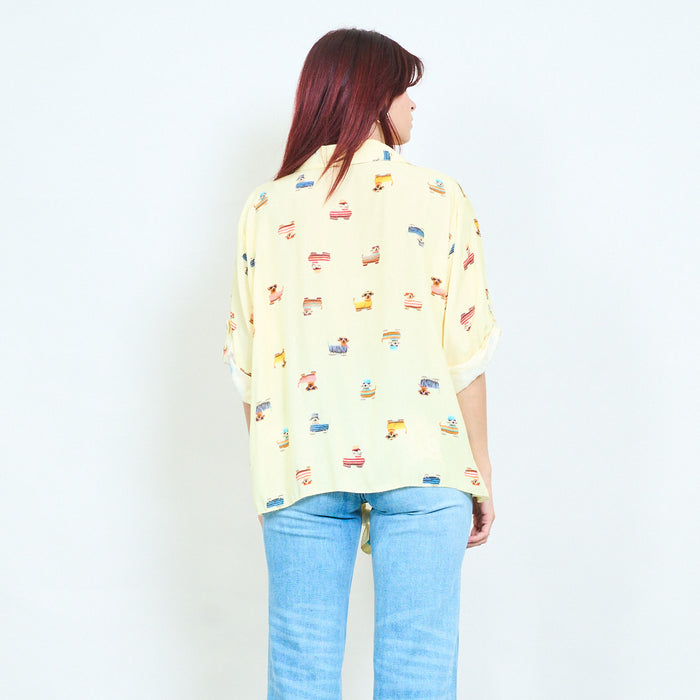 Cartoon dog printed tie front relaxed shirt blouse wholesale