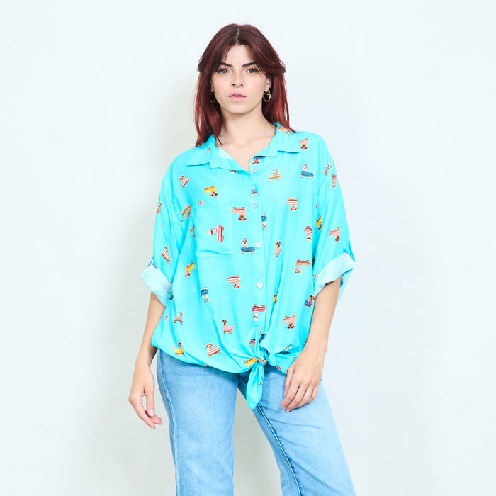Cartoon dog printed tie front relaxed shirt blouse wholesale