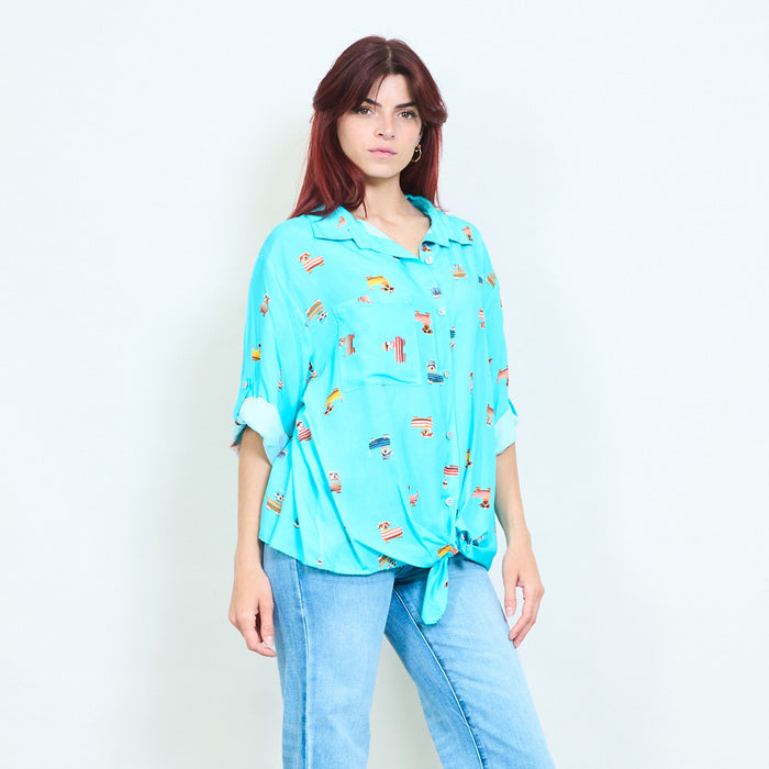 Cartoon dog printed tie front relaxed shirt blouse wholesale