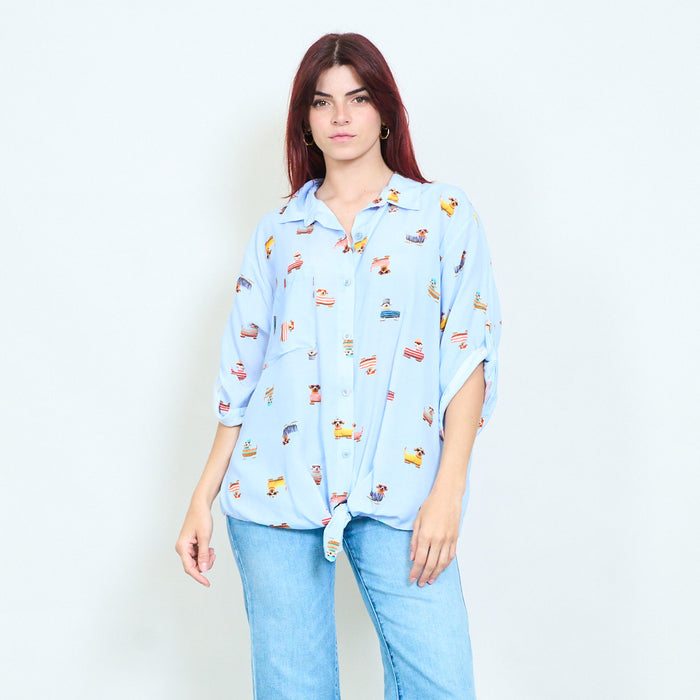 Cartoon dog printed tie front relaxed shirt blouse wholesale