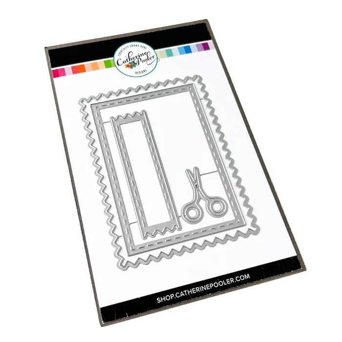 Catherine Pooler - Dies - A Cut Above. The A Cut Above Dies is a pinking cut edge frame die with layers and a little sewn tag die. The tiny snips are just the cutest addition! Available at Embellish Away located in Bowmanville Ontario Canada.