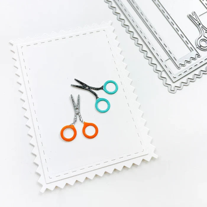 Catherine Pooler - Dies - A Cut Above. The A Cut Above Dies is a pinking cut edge frame die with layers and a little sewn tag die. The tiny snips are just the cutest addition! Available at Embellish Away located in Bowmanville Ontario Canada. Eaxample by brand ambassador.