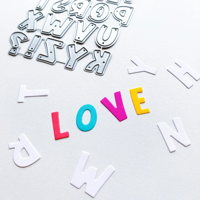 Catherine Pooler - Dies - Block Alphabet. Approx. 3/4" tall letters have a casual and whimsical font and will make a cute accent to your next card. At Embellish Away in Bowmanville Ontario Canada.