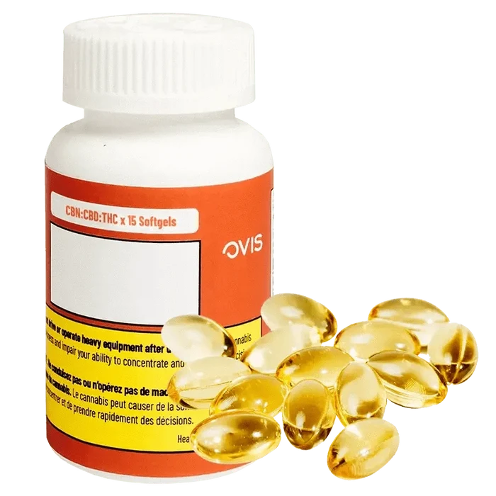 A close-up shot of fifteen CBN:CBD:THC 5:5:5 X 15 Softgels in a clear plastic container with a white and red label.