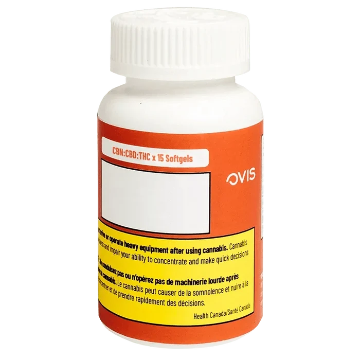 CBN:CBD:THC 5:5:5 X 15 Softgels are displayed in a close-up shot, showing the branded packaging with a white background.
