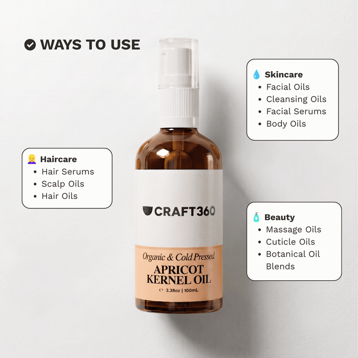 Infographic showing common skincare, facial and haircare uses for Apricot Kernel Oil