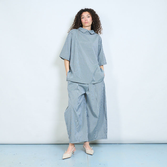 Chequered flow wide-leg trousers with elastic waist detail wholesale