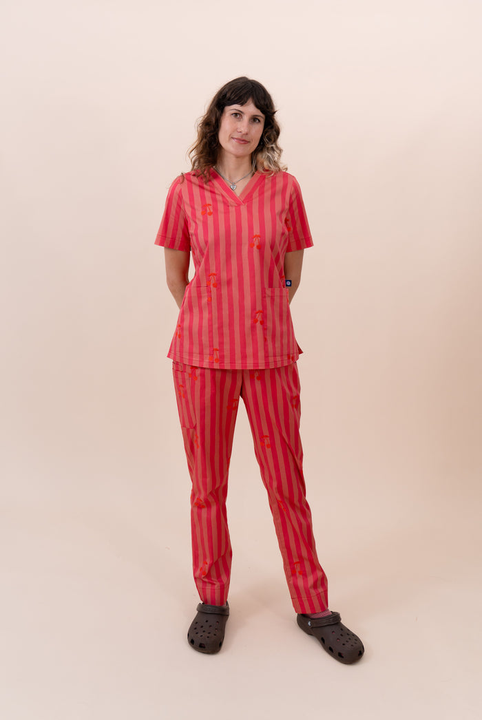 Cherry Stripe - Women's Printed Scrub Pants