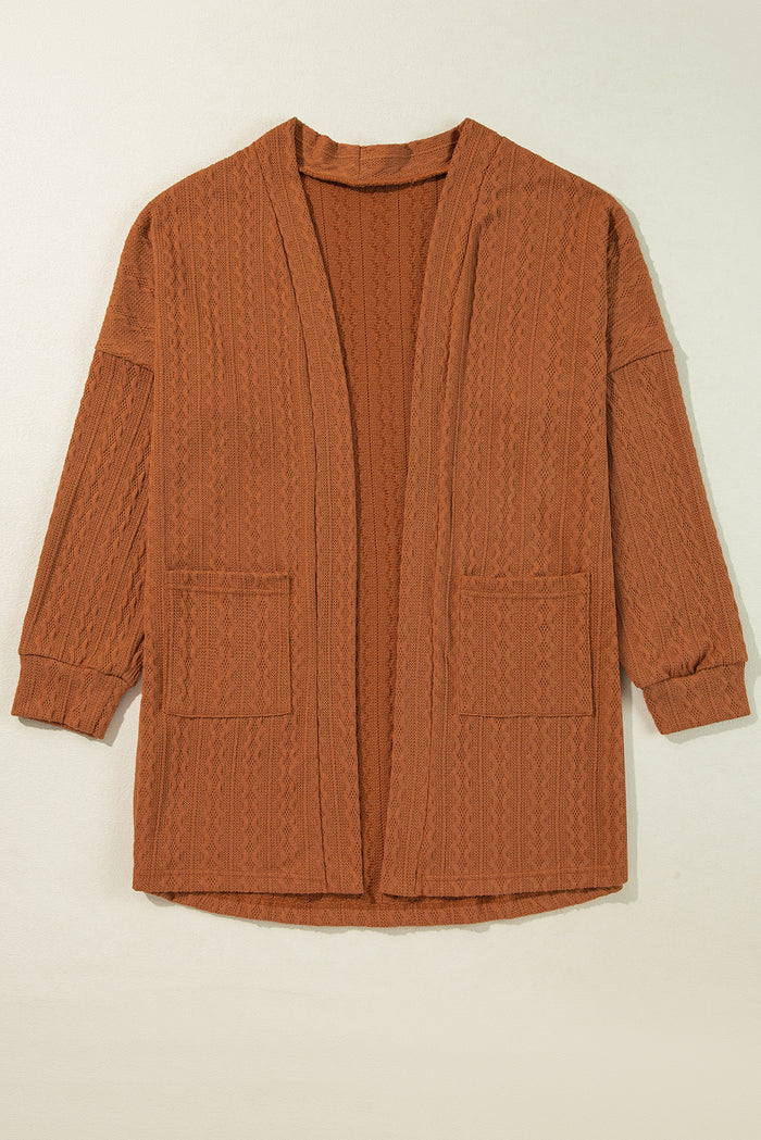Chestnut Textured Knit Side Pockets Open Front Cardigan 🇨🇳