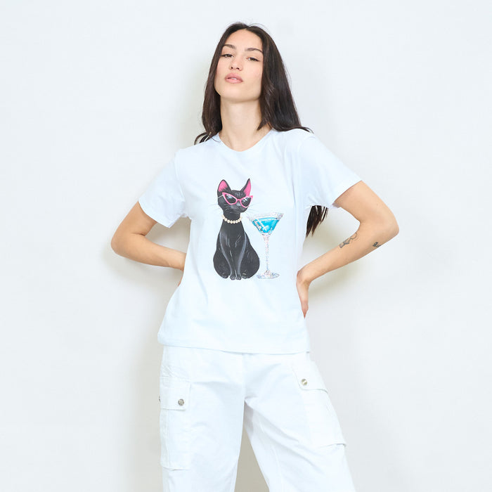 Chic cat cocktail graphic cotton t-shirt wholesale