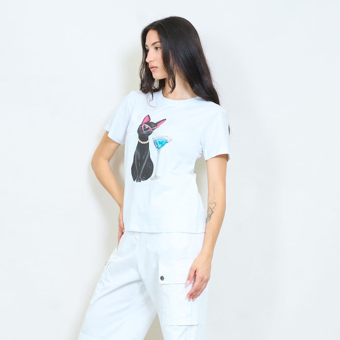 Chic cat cocktail graphic cotton t-shirt wholesale