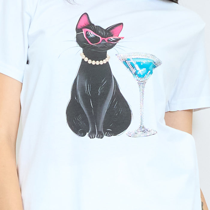 Chic cat cocktail graphic cotton t-shirt wholesale