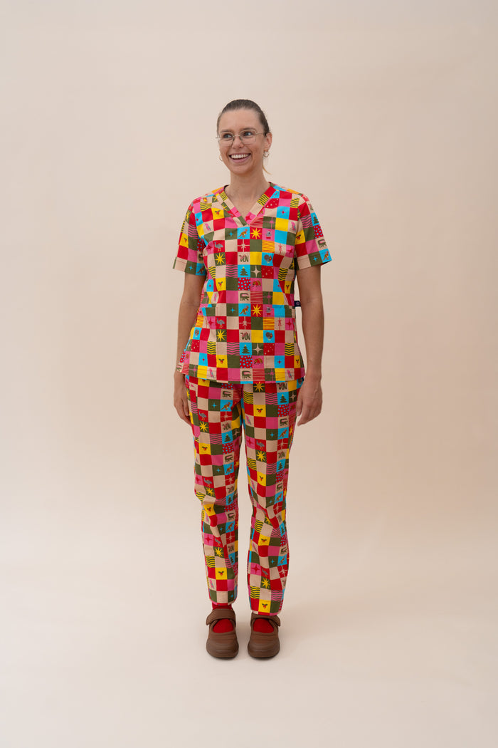 Christmas Checkers - Women's Printed Scrub Pants