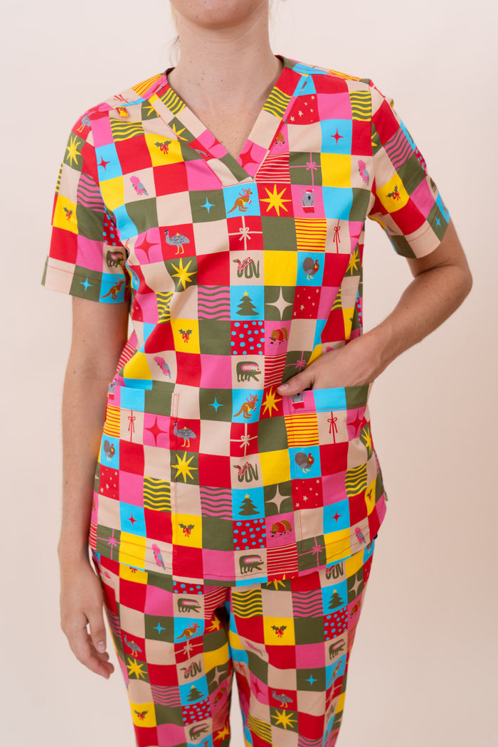Christmas Checkers - Women's Printed Scrub Top