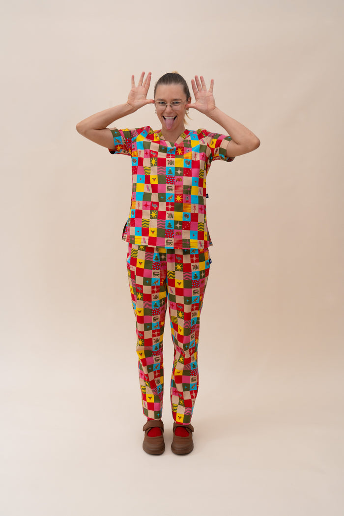 Christmas Checkers - Women's Printed Scrub Top