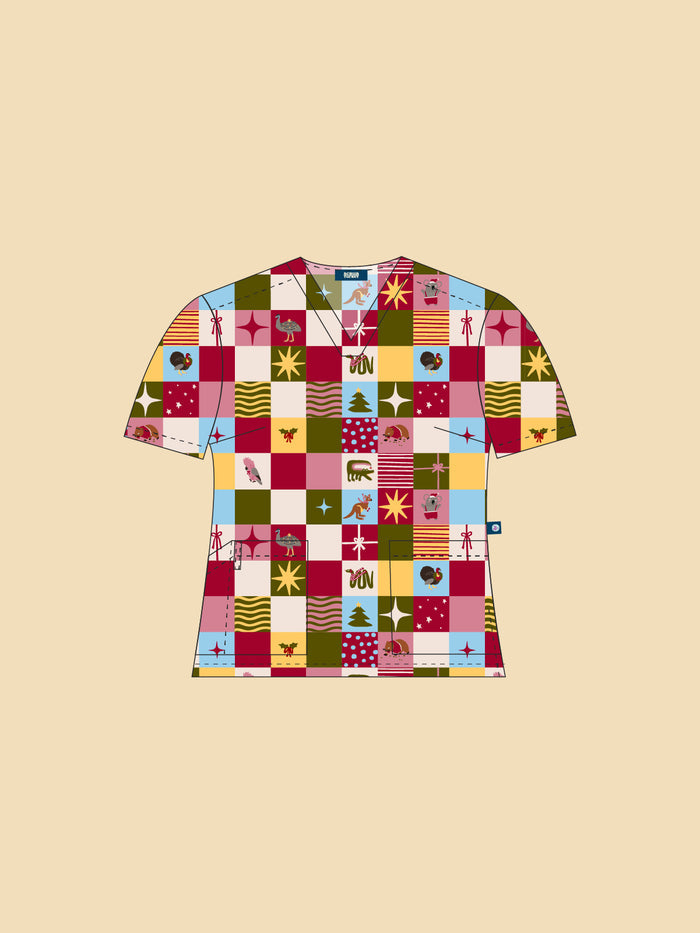 Christmas Checkers - Women's Printed Scrub Top