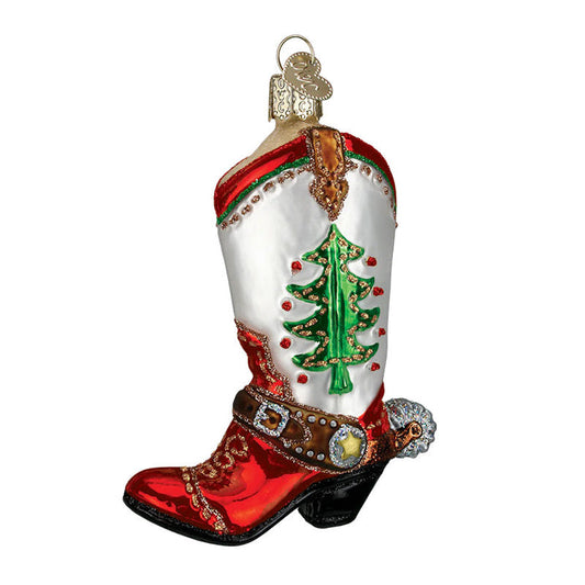 CHRISTMAS COWBOY BOOT Glass ORNAMENT