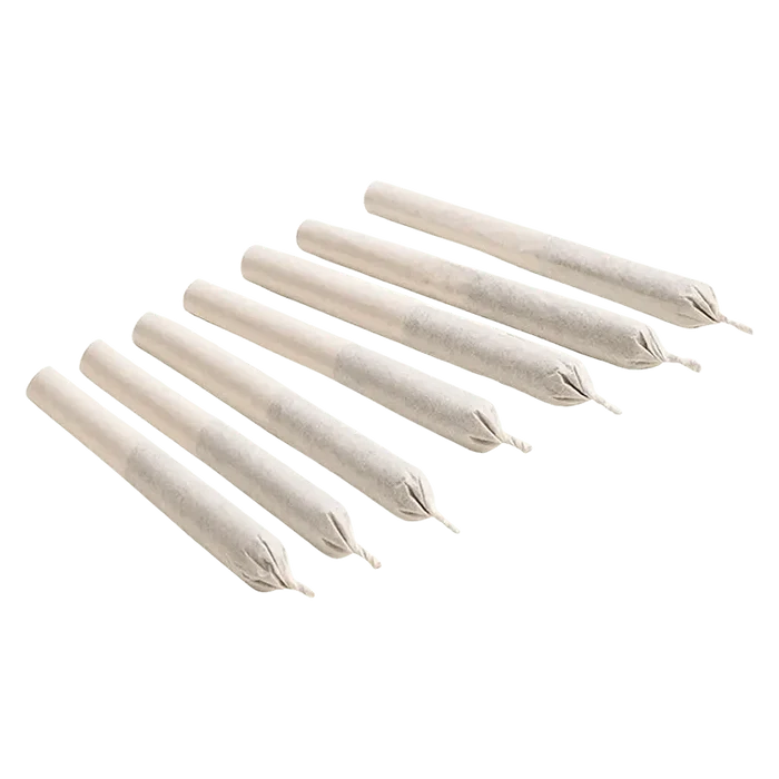 A slightly angled overhead view of the Citrus Abduction Hoagies PR, showcasing seven rolled cannabis joints.