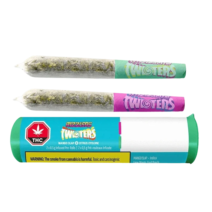 Front view of the Citrus Cyclone & Mango Slap Infused Pre Rolled 2 x 0.5 g packaging with bold graphics on a bright, white background.