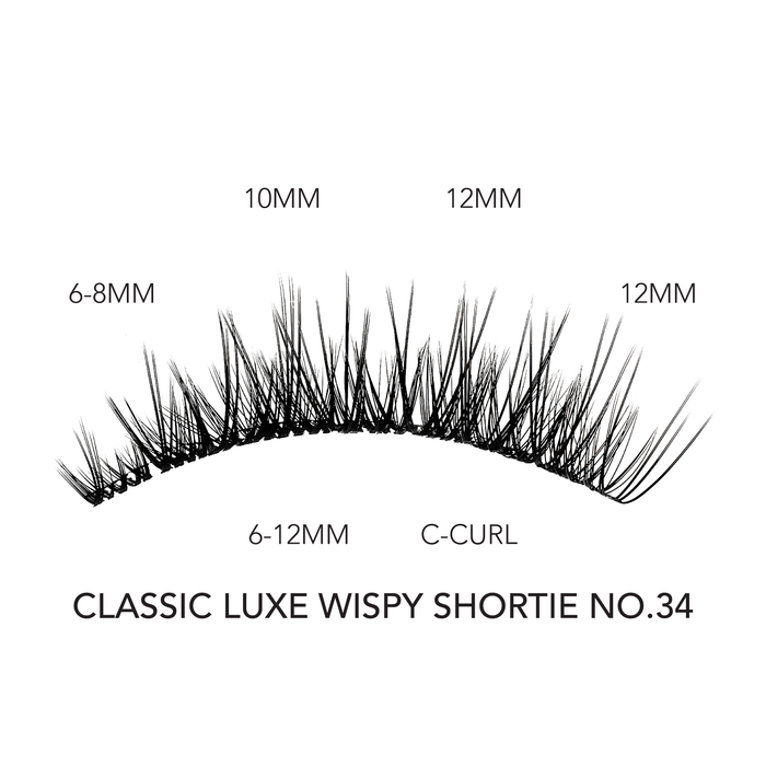 Short volume false lashes in Classic Luxe Wispy Shortie No.34 style featuring a C-curl and mixed lengths from 6mm to 12mm for a natural, fluttery look