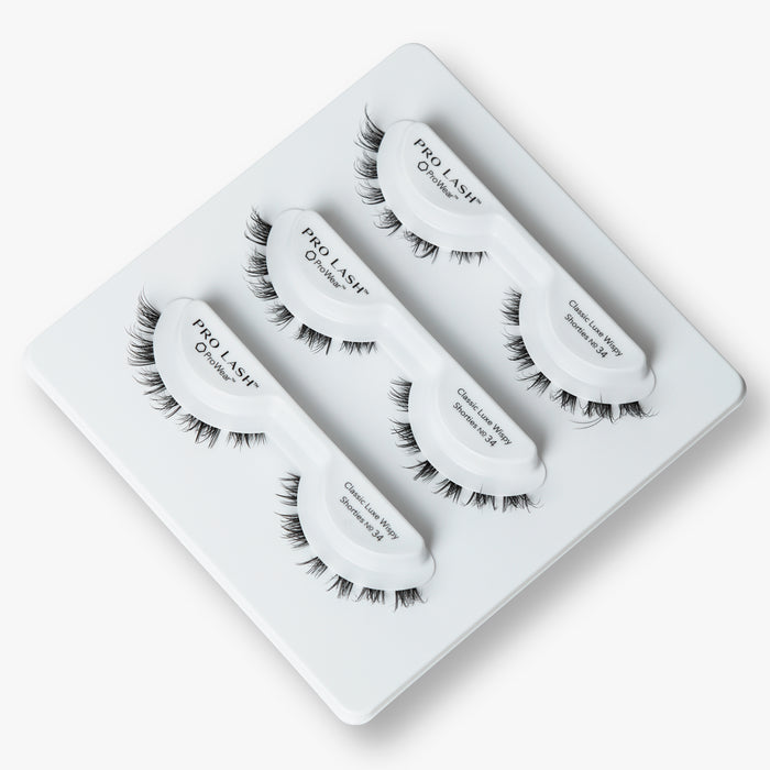 Short volume lashes in Pro Lash Classic Luxe Wispy Shortie No.34 3-pack tray, featuring clustered design for soft, natural definition