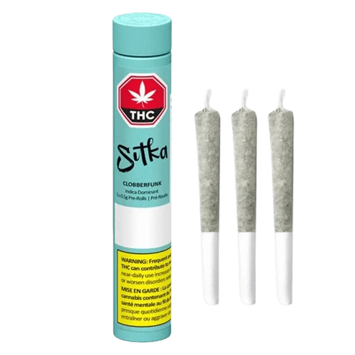A close-up, slightly angled view of the Clobberfunk Pre Rolled 3 x 0.5 g package with a red and white label and bold, modern typography.