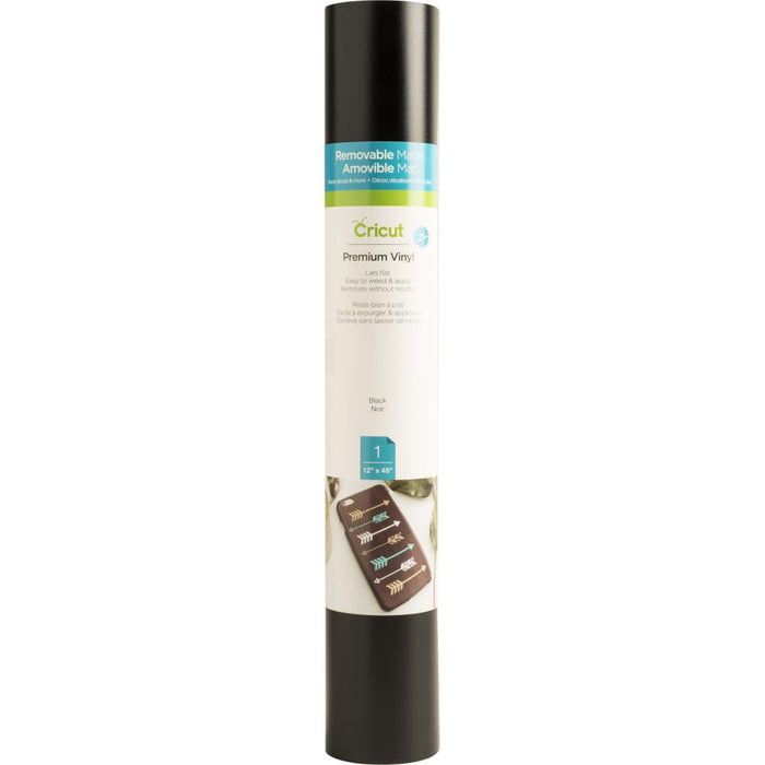 Cricut - Vinyl 12"X48" Roll - Black. Ideal for making removable decals, labels, home decor, media covers and other DIY projects! Cut intricate images that adhere but leave behind no stubborn residue. This package contains one 12x48 inch roll of vinyl. Imported. Available at Embellish Away located in Bowmanville Ontario Canada.