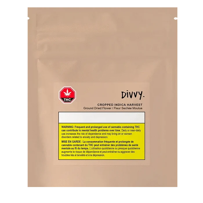 Cropped Harvest (Indica) packaging displays warning text against a dark background, with a bright green leaf motif at the top.