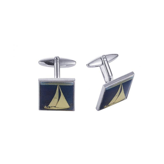Cudworth Rhodium Plated Screen print Yacht CufflinksEnhance your formal attire with our Rhodium Plated Yacht Cufflinks, designed to make a sophisticated statement. These cufflinks feature a slender, polished finish thEnamel cufflinksCudworthTheodore Men's JewelryCudworth Rhodium Plated
