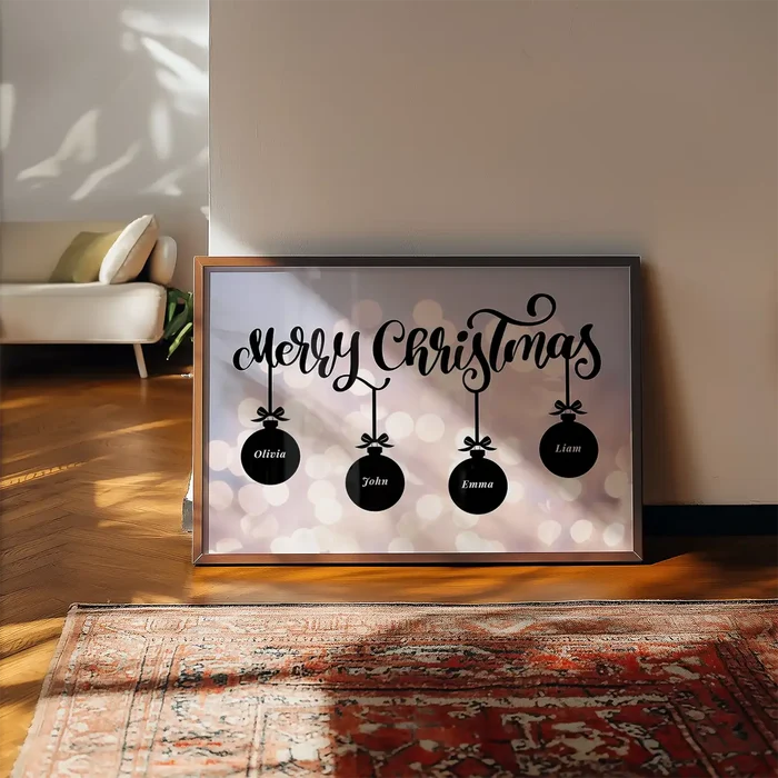 Framed Merry Christmas wall art featuring four black bauble ornaments personalized with names on a blurred bokeh background.