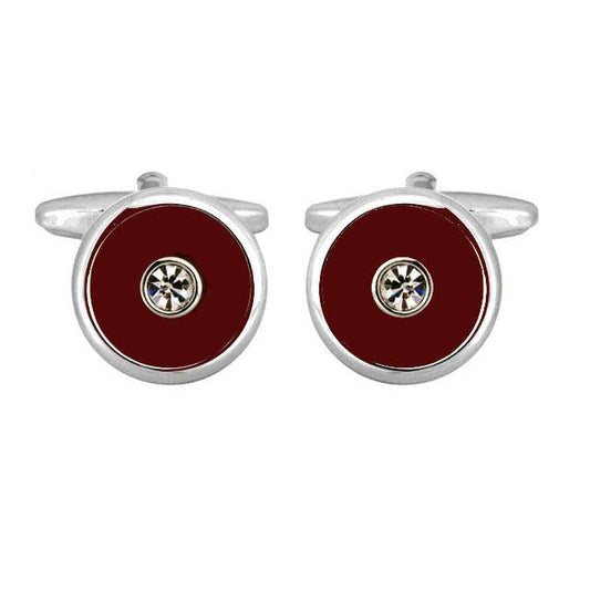 Dalaco burgundy enamel cufflinks with silver trim and central clear gemstone detailing