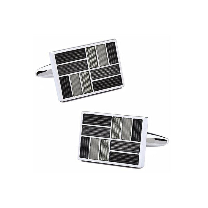 Dalaco Enamel Cufflinks for Men rectangular silver tone cufflinks with black and gray enamel geometric stripe pattern
