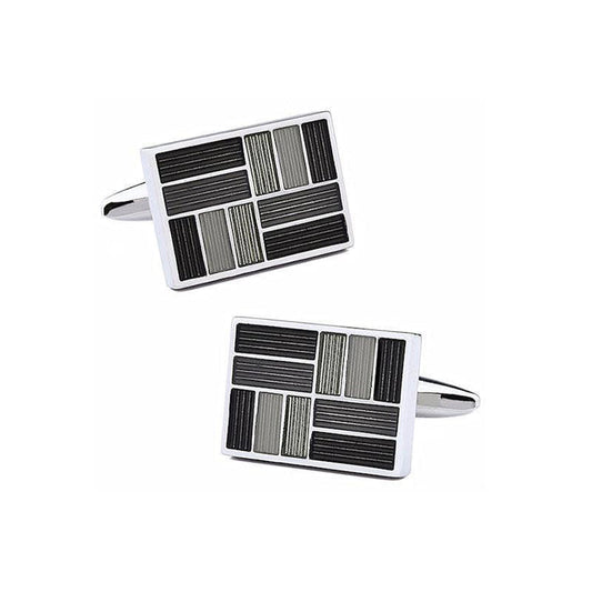 Dalaco Enamel Cufflinks for Men rectangular silver tone cufflinks with black and gray enamel geometric stripe pattern