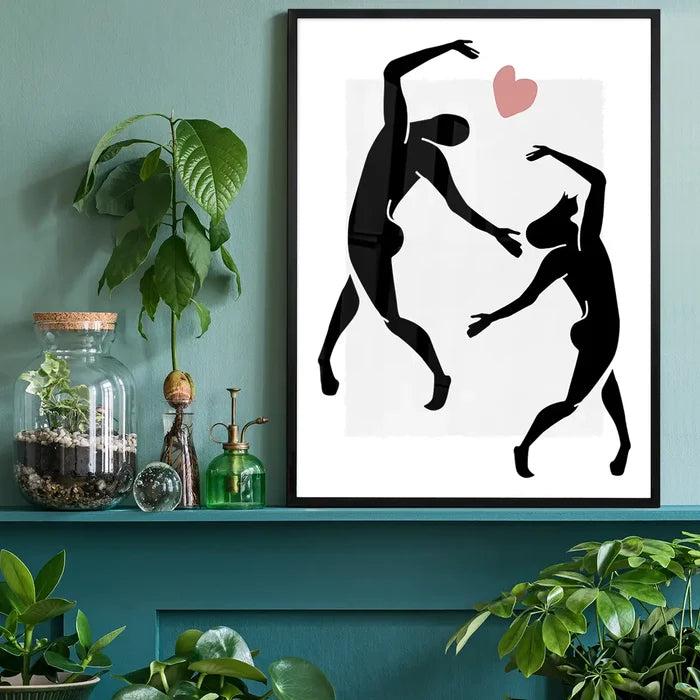 Dancers Black And White Painting Print black framed on a living room shelf