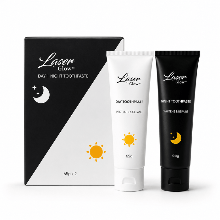 LaserGlow day and night whitening toothpaste set with two toothpaste tubes and boxes