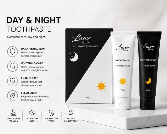 LaserGlow Day and Night Toothpaste set with box and tubes featuring daily protection, whitening care, enamel-safe support, fresh breath, and vegan cruelty-free benefits.