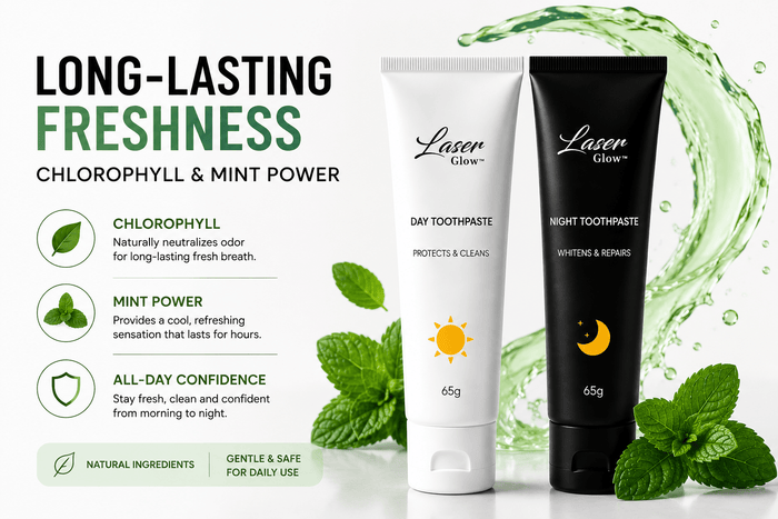 LaserGlow Day and Night Toothpaste with chlorophyll and mint power for long-lasting fresh breath, natural ingredients, and gentle daily oral care.