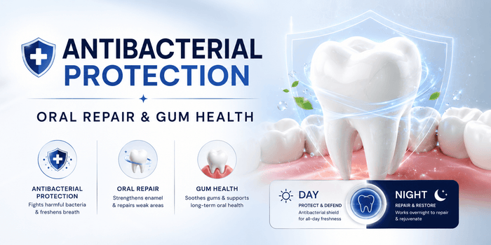 LaserGlow day and night toothpaste gallery image highlighting antibacterial protection, oral repair, gum health, enamel support, and daily oral care