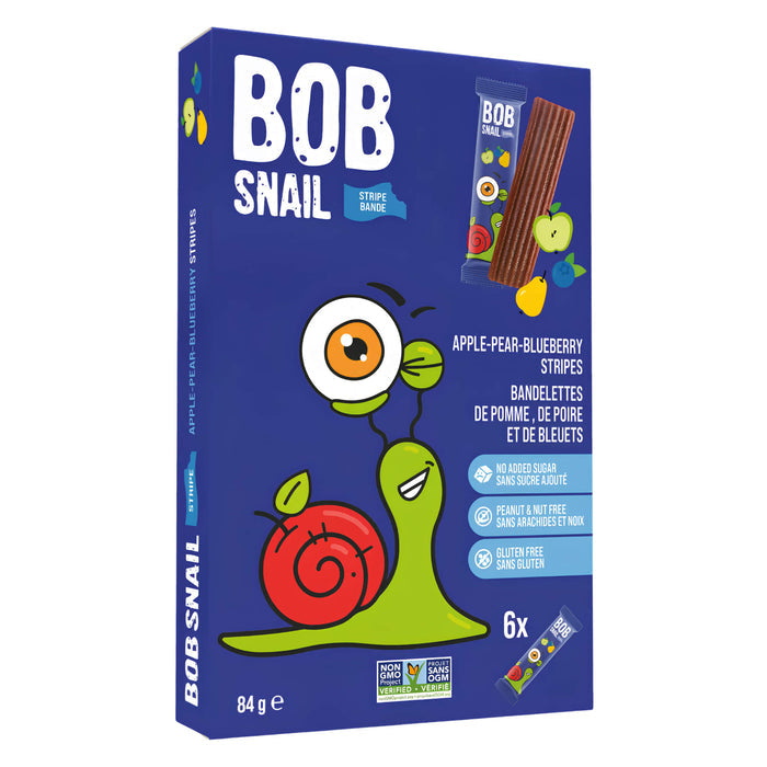 Package of Bob Snail Dehydrated Fruit Stripes Apple-Pear-Blueberry 6 Pack/84g
