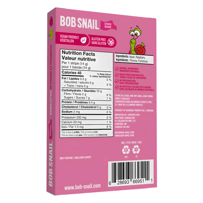 Package Back of Bob Snail Dehydrated Fruit Stripes Apple-Raspberry 6 Pack/84g