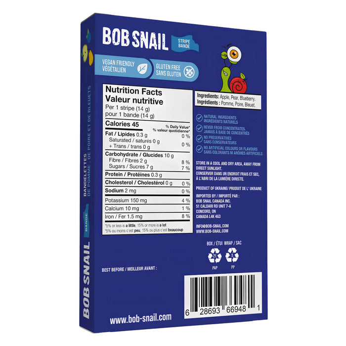 Package Back of Bob Snail Dehydrated Fruit Stripes Apple-Pear-Blueberry 6 Pack/84g