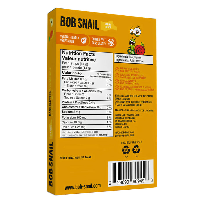 Package Back of Bob Snail Dehydrated Fruit Stripes Pear-Mango 6 Pack/84g