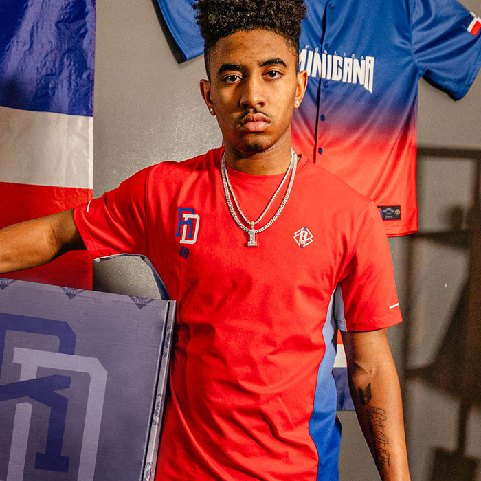 Adult model wearing red Diamond Tech Vented Dominican Republic graphic tee