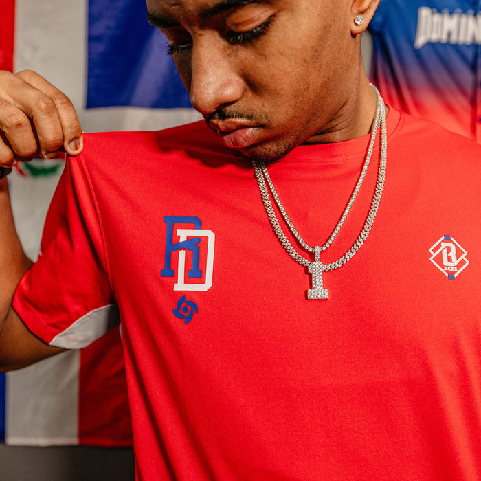 Adult model wearing red Diamond Tech Vented Dominican Republic graphic tee