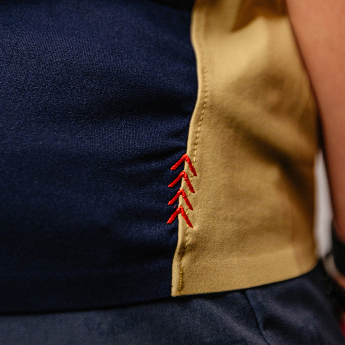 Adult model wearing navy Diamond Tech Vented Japan graphic tee
