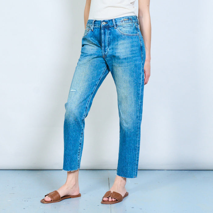 Distressed straight-leg cropped denim jeans with frayed hem detail wholesale